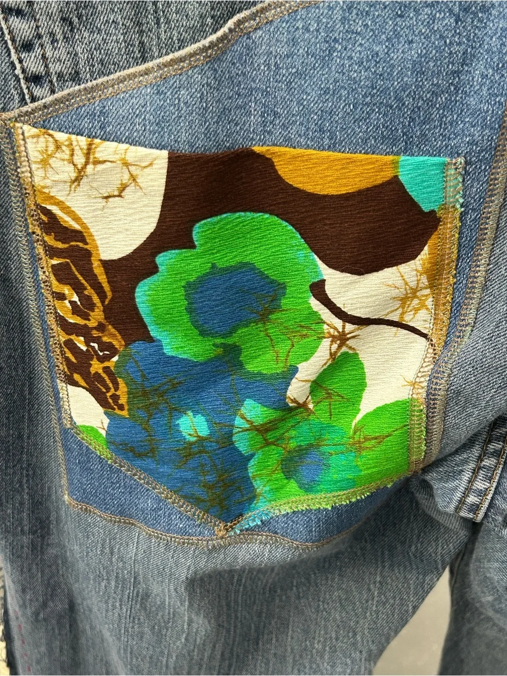 Eddie Bauer Blue Denim Flare Jeans with Red Floral Patch